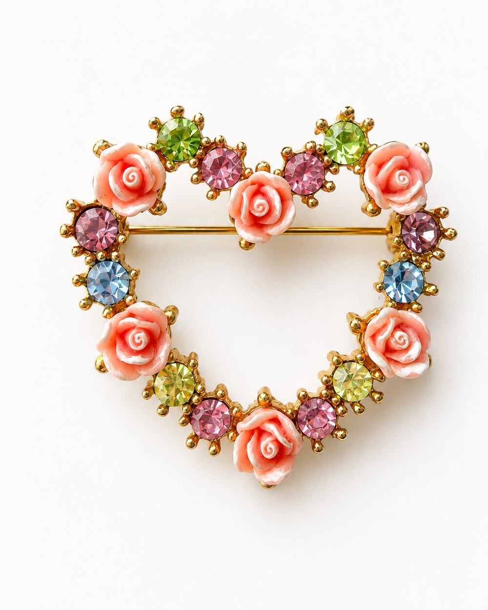 Vintage Avon Heart Wreath Brooch Pink Rose Cabochon Pastel Rhinestone Gold Tone